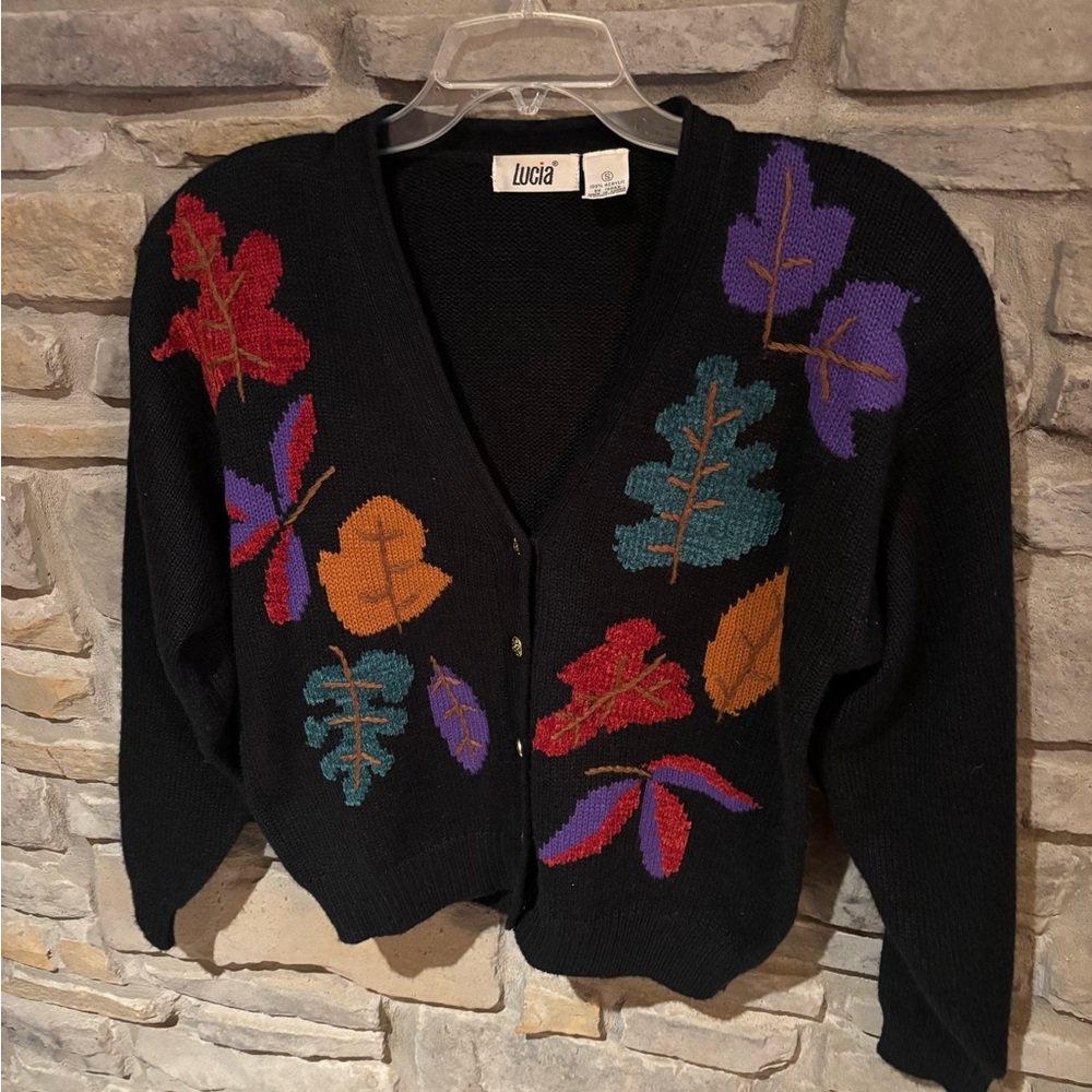 VINTAGE Lucia Black Cardigan with Colorful Leaf Design WITH SHOULDER PADS